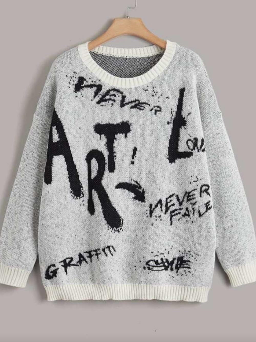 Women’s Gray Graphic Knit Sweater with Black Print
